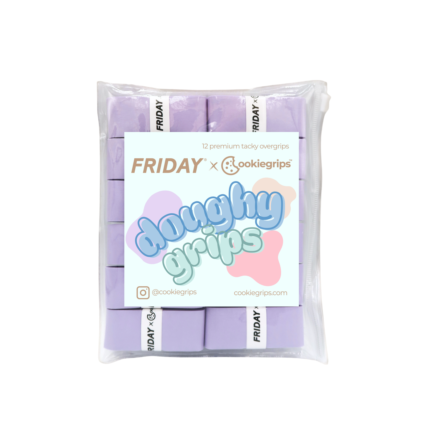 Pack of 12 cookiegrips Doughy Grips pickleball overgrips in lavender, shown in bakery-themed packaging with playful pastel label. Friday x cookiegrips collaboration