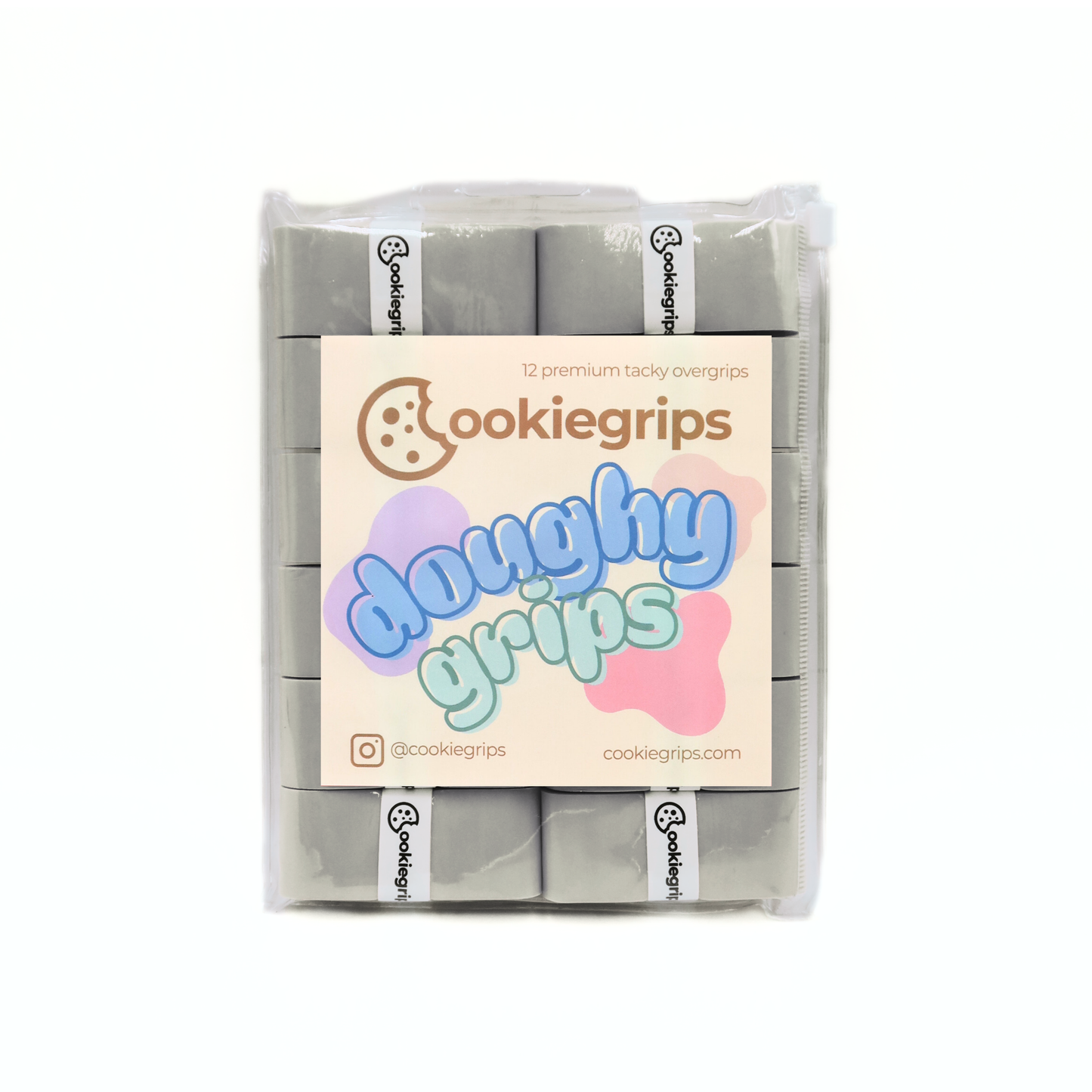 Pack of 12 cookiegrips Doughy Grips pickleball overgrips in grey, shown in bakery-themed packaging with playful pastel label.