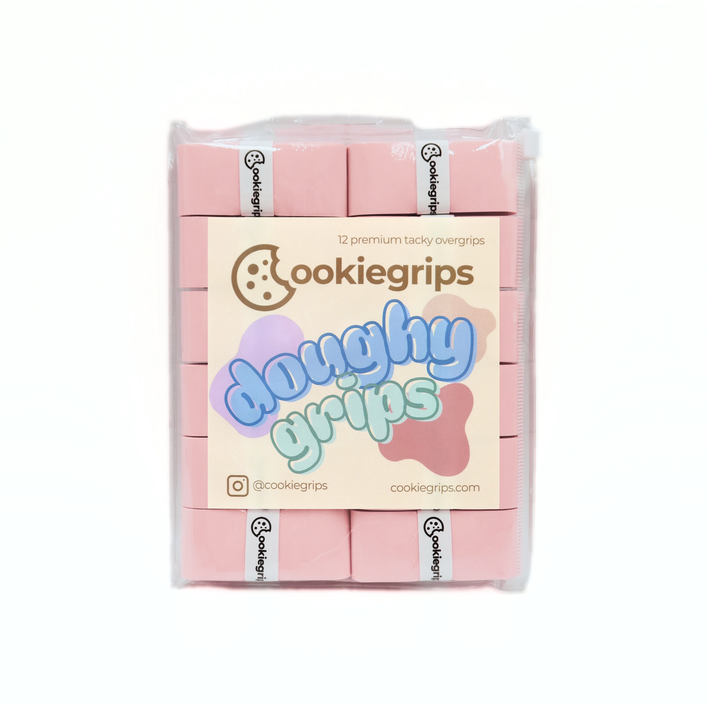 Pack of 12 cookiegrips Doughy Grips pickleball overgrips in pink, shown in bakery-themed packaging with playful pastel label.