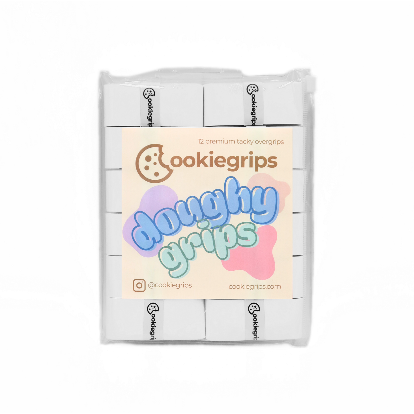Pack of 12 cookiegrips Doughy Grips pickleball overgrips in white, shown in bakery-themed packaging with playful pastel label.