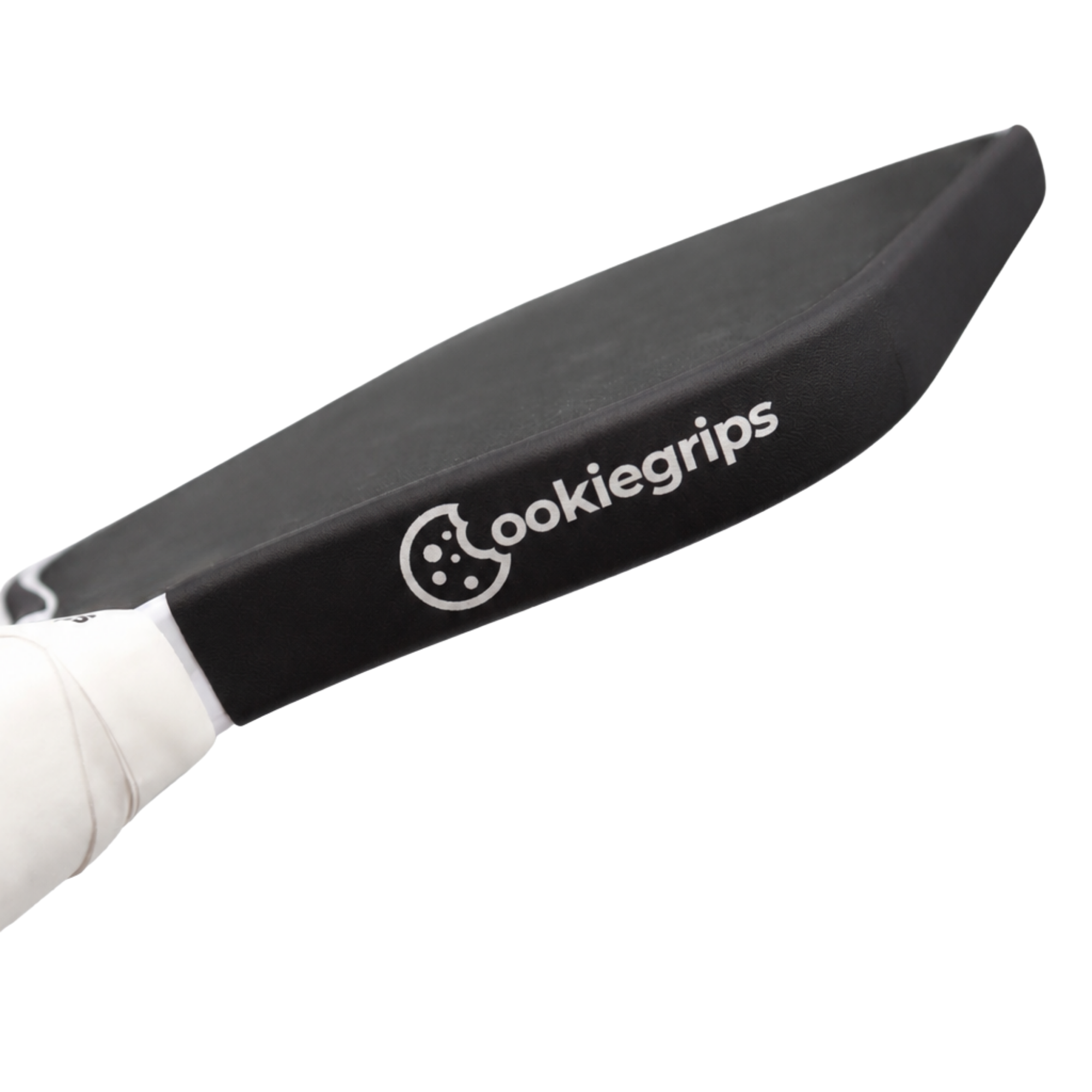 black pickleball edge guard tape with cookiegrips logo on a pickleball paddle