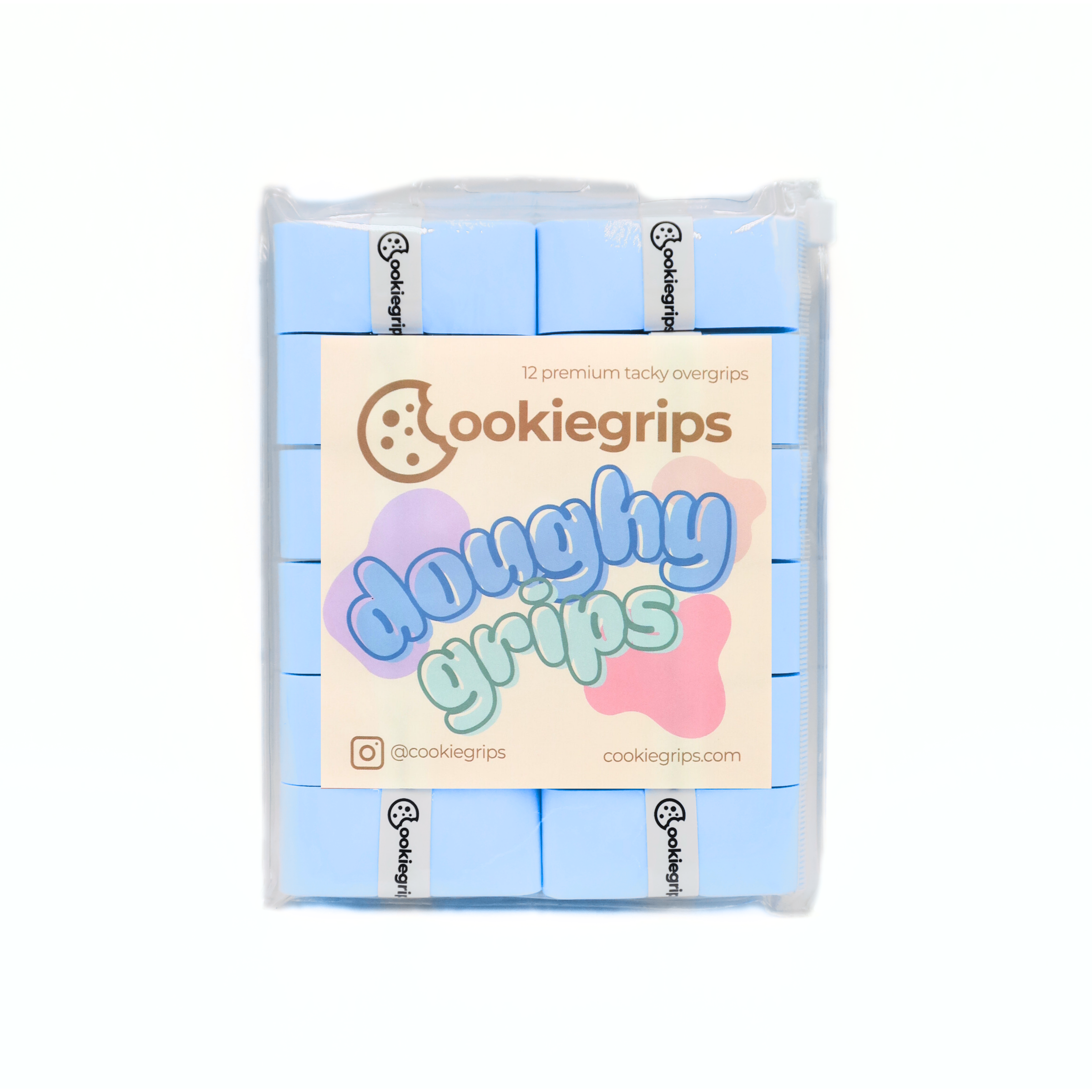 12-pack of Bella Blue cookiegrips Doughy Grips in light blue bakery-style packaging