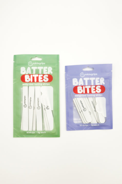 Batter Bites weighted tuning strips in two packs: green 5g pack and purple 3g pack, 10 strips each