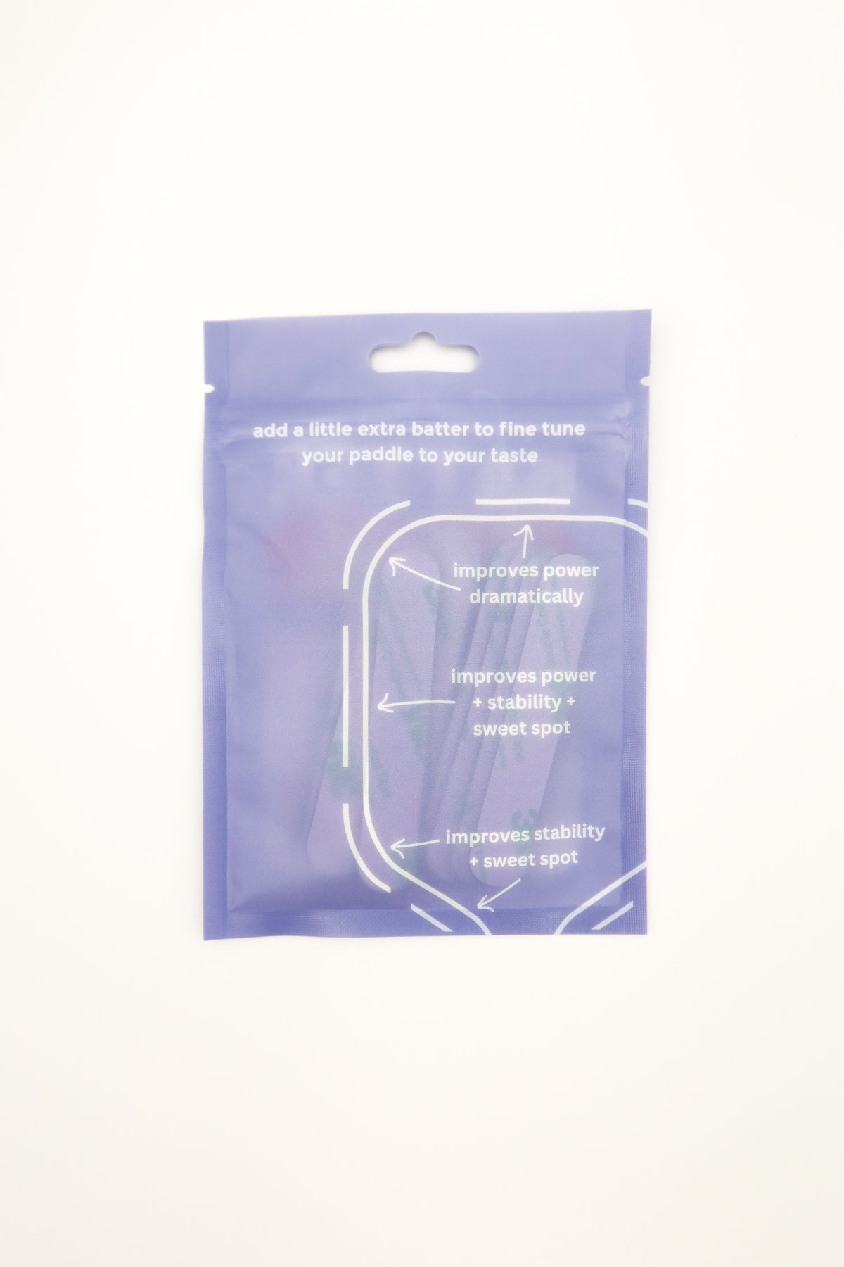 Back of the purple Batter Bites pack with a paddle placement guide for power, stability and sweet spot