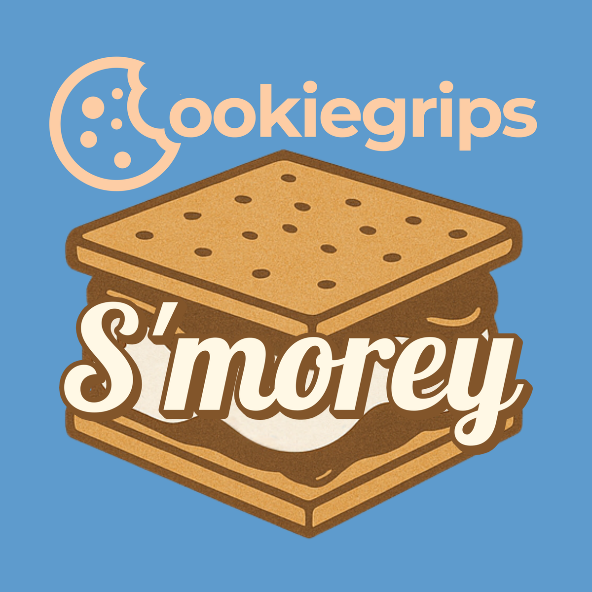 'cookiegrips' logo and 'S'morey' text on a blue background