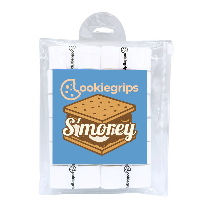 Pack of 12 cookiegrips S'morey pickleball overgrips in white, shown in bakery-themed packaging with a picture of a s'more.