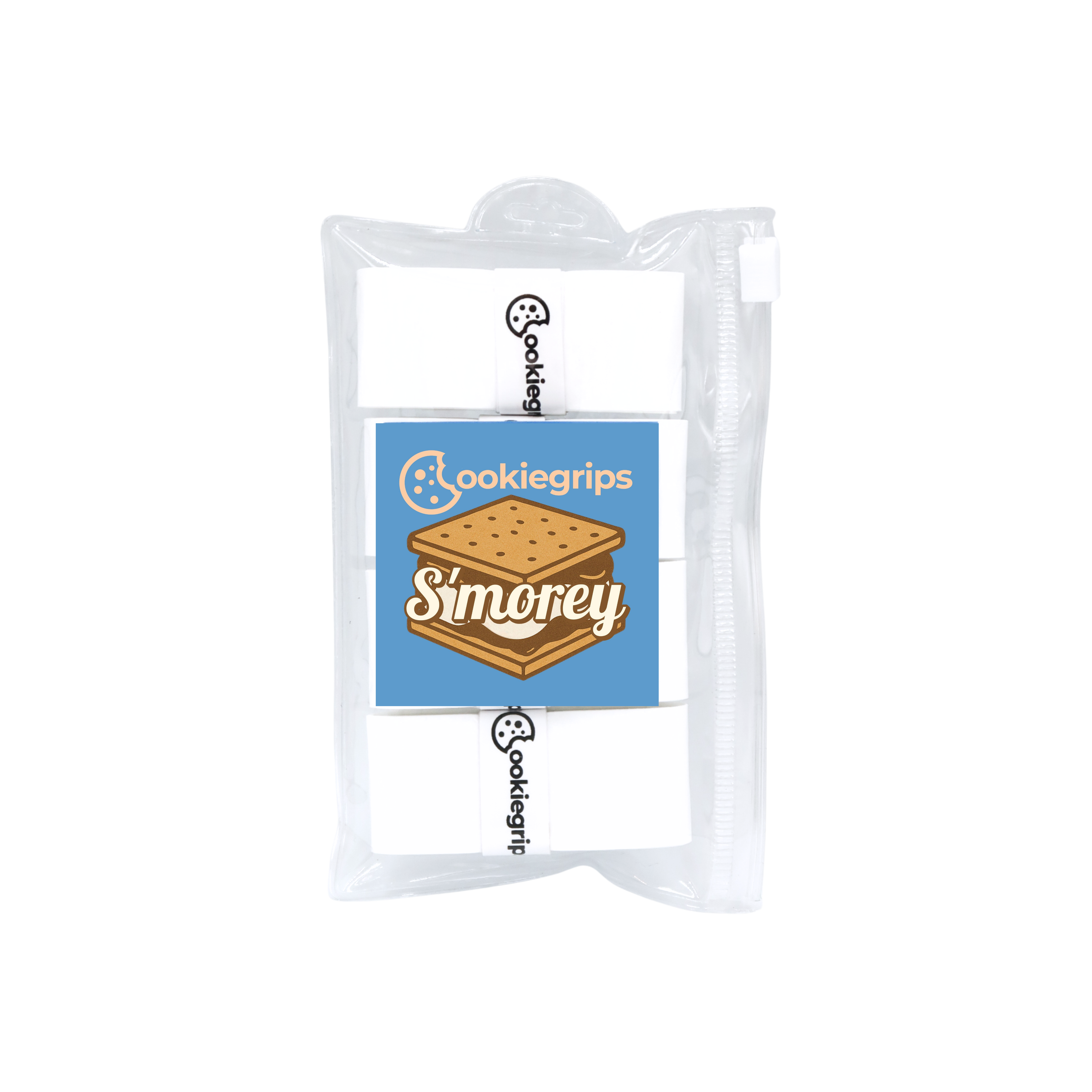 Pack of 4 cookiegrips S'morey pickleball overgrips in white, shown in bakery-themed packaging with a picture of a s'more.