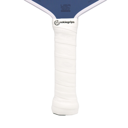 white cookiegrips pickleball paddle overgrip, ultra tacky overgrip applied to paddle handle for comfort and control.
