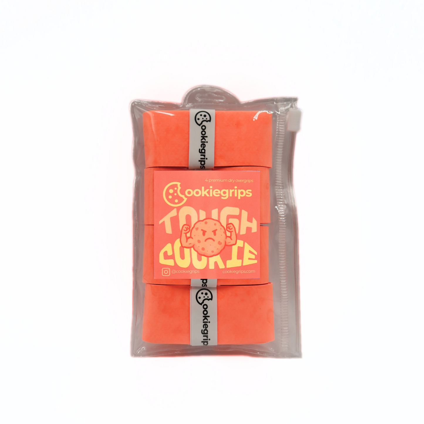 Cookiegrips Tough Cookie overgrip 4-pack in white, packaged in a clear zip pouch with peach label featuring a flexing cookie mascot.