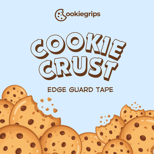 Cookie crust edge guard tape packaging with 'Cookiegrips' branding on a light blue background.