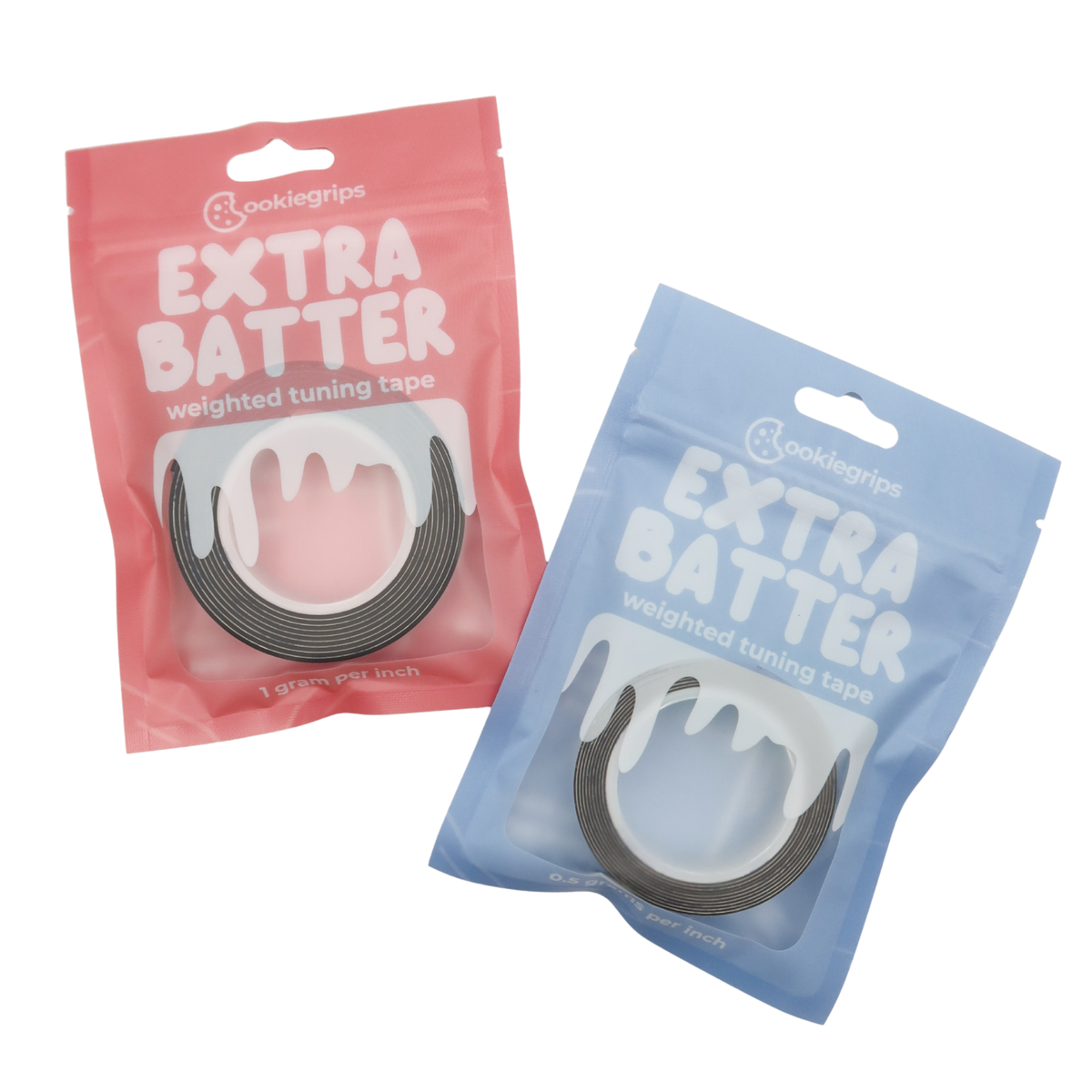 cookiegrips Extra Batter lead-free pickleball paddle tuning tape in blue 0.5g and pink 1g per inch pouches