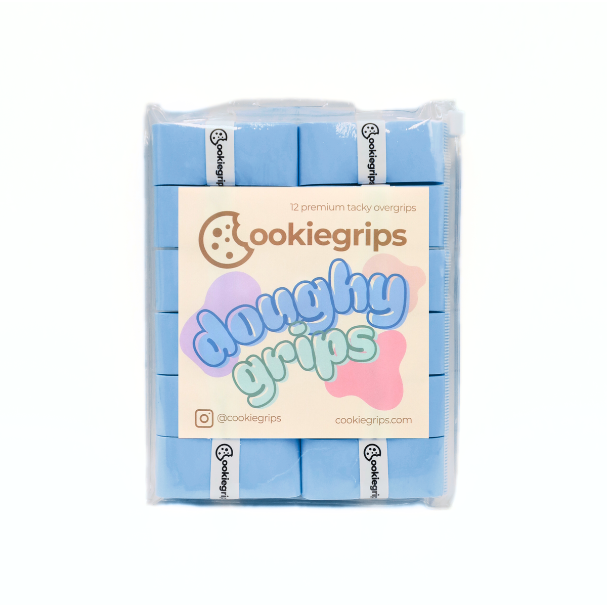 Pack of 12 cookiegrips Doughy Grips pickleball overgrips in blue, shown in bakery-themed packaging with playful pastel label.