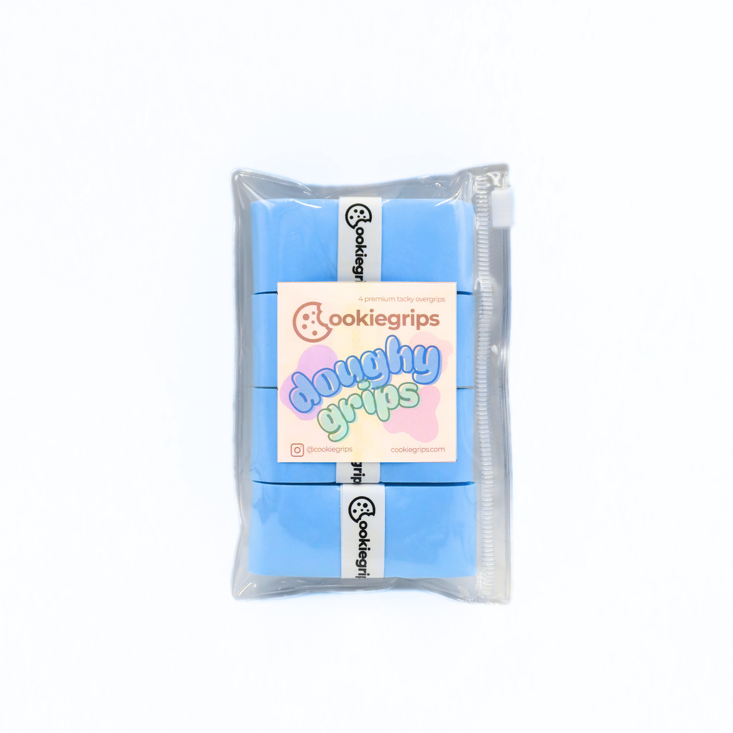 Pack of 4 cookiegrips Doughy Grips pickleball overgrips in blue, shown in bakery-themed packaging with playful pastel label.