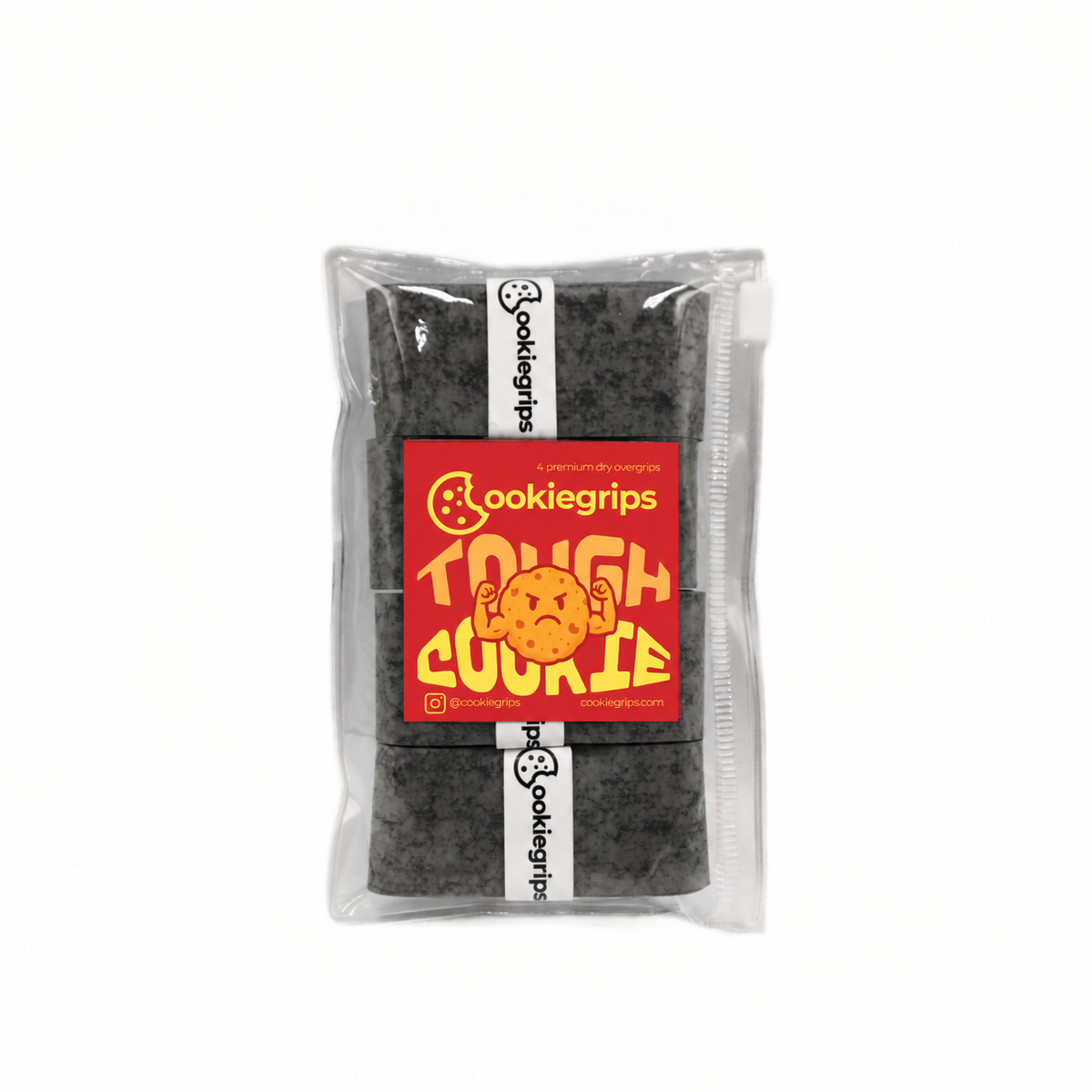 Tough Cookie Dark Sesame 4-pack of black speckled pickleball overgrips in a clear pouch