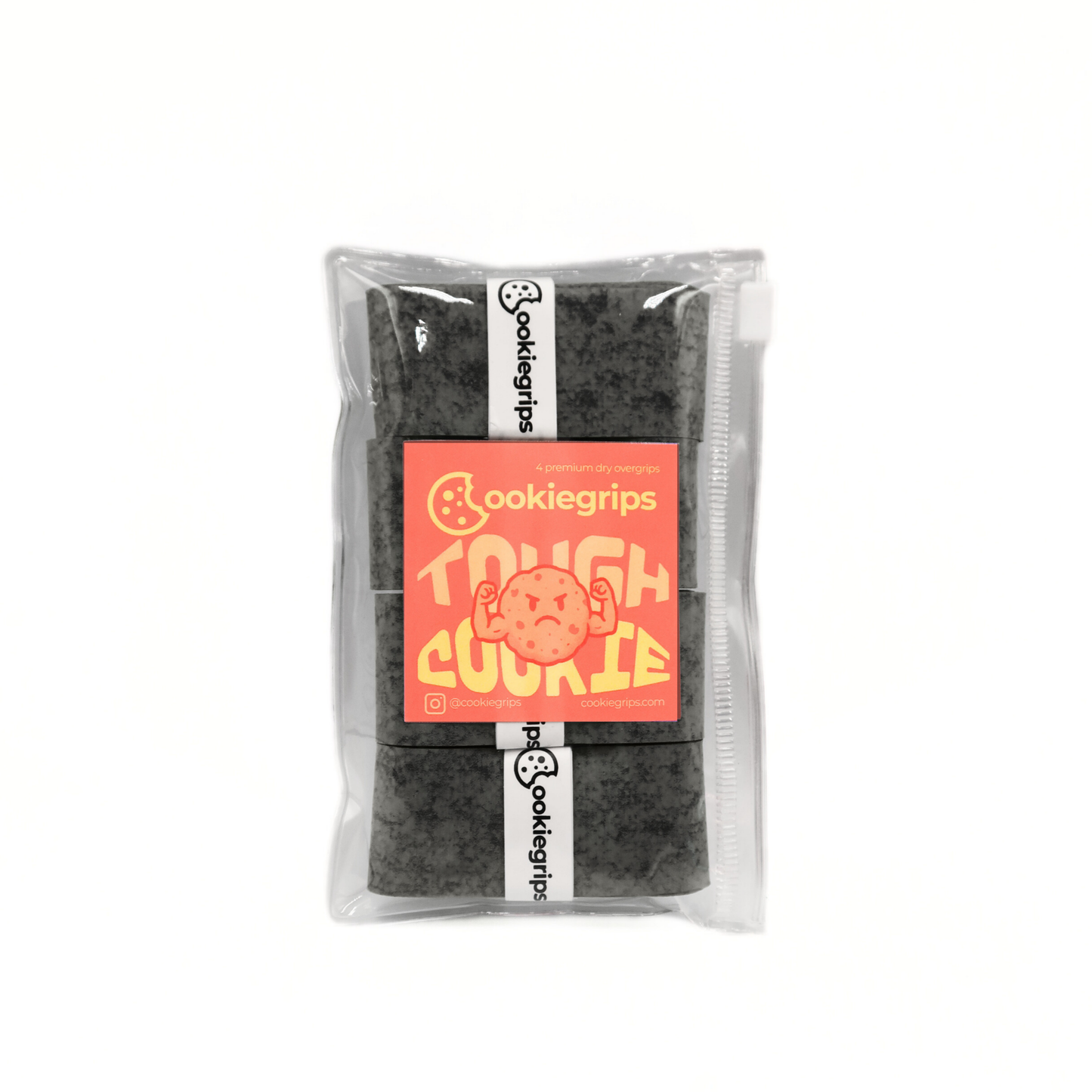 Cookiegrips Tough Cookie overgrip 4-pack in speckled grey, packaged in a clear zip pouch with peach label featuring a flexing cookie mascot.