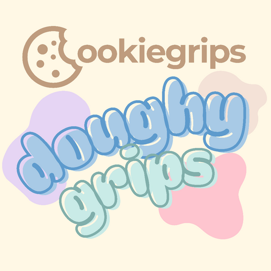Cookiegrips logo with 'doughy grips' text on a pastel background