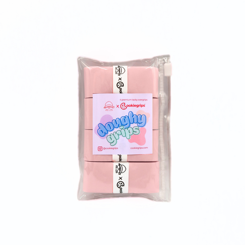 Pack of 4 eellaup x cookiegrips Doughy Grips pickleball overgrips in light pink, shown in bakery-themed packaging with playful pastel label.
