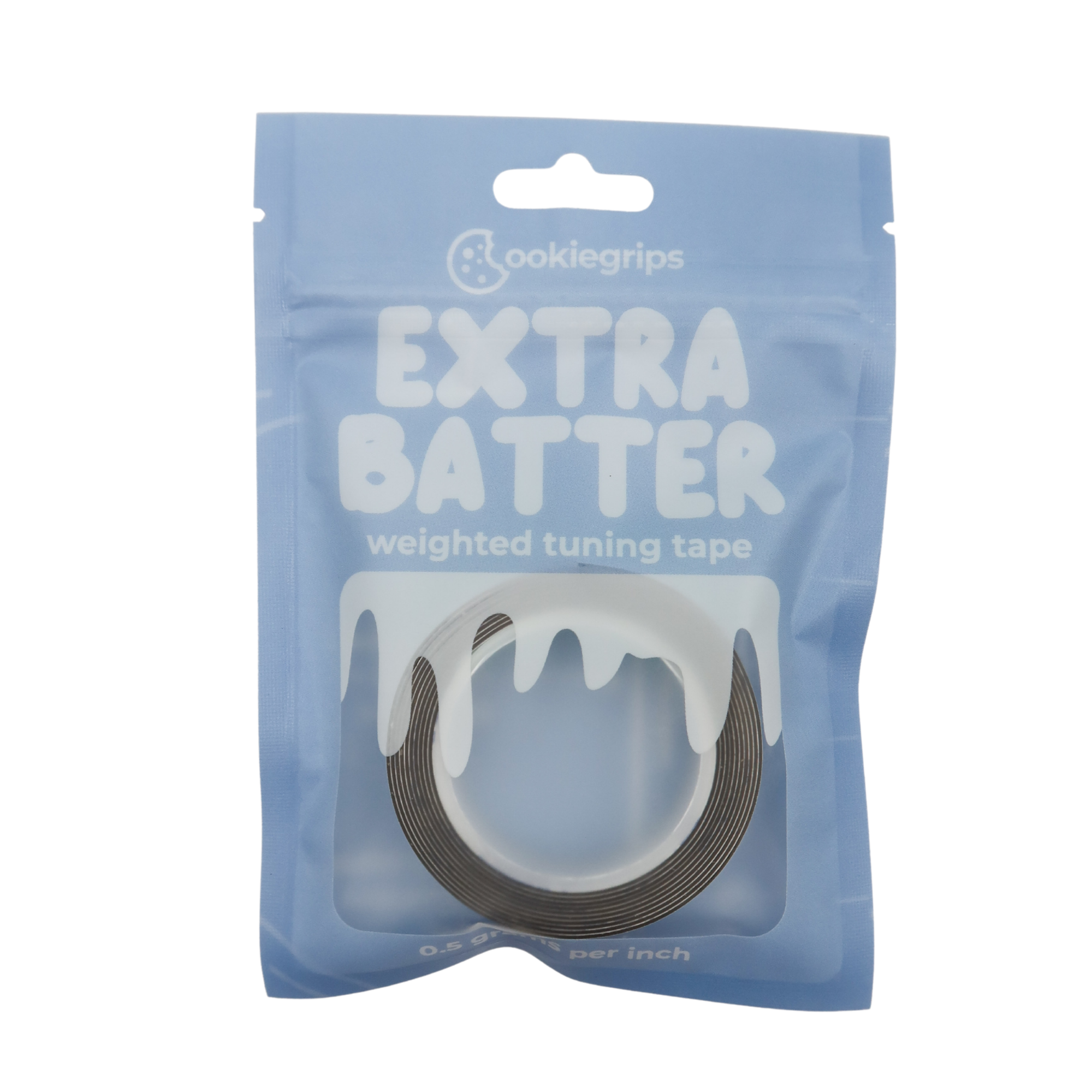 cookiegrips Extra Batter lead-free pickleball paddle tuning tape, 0.5g per inch in a blue pouch