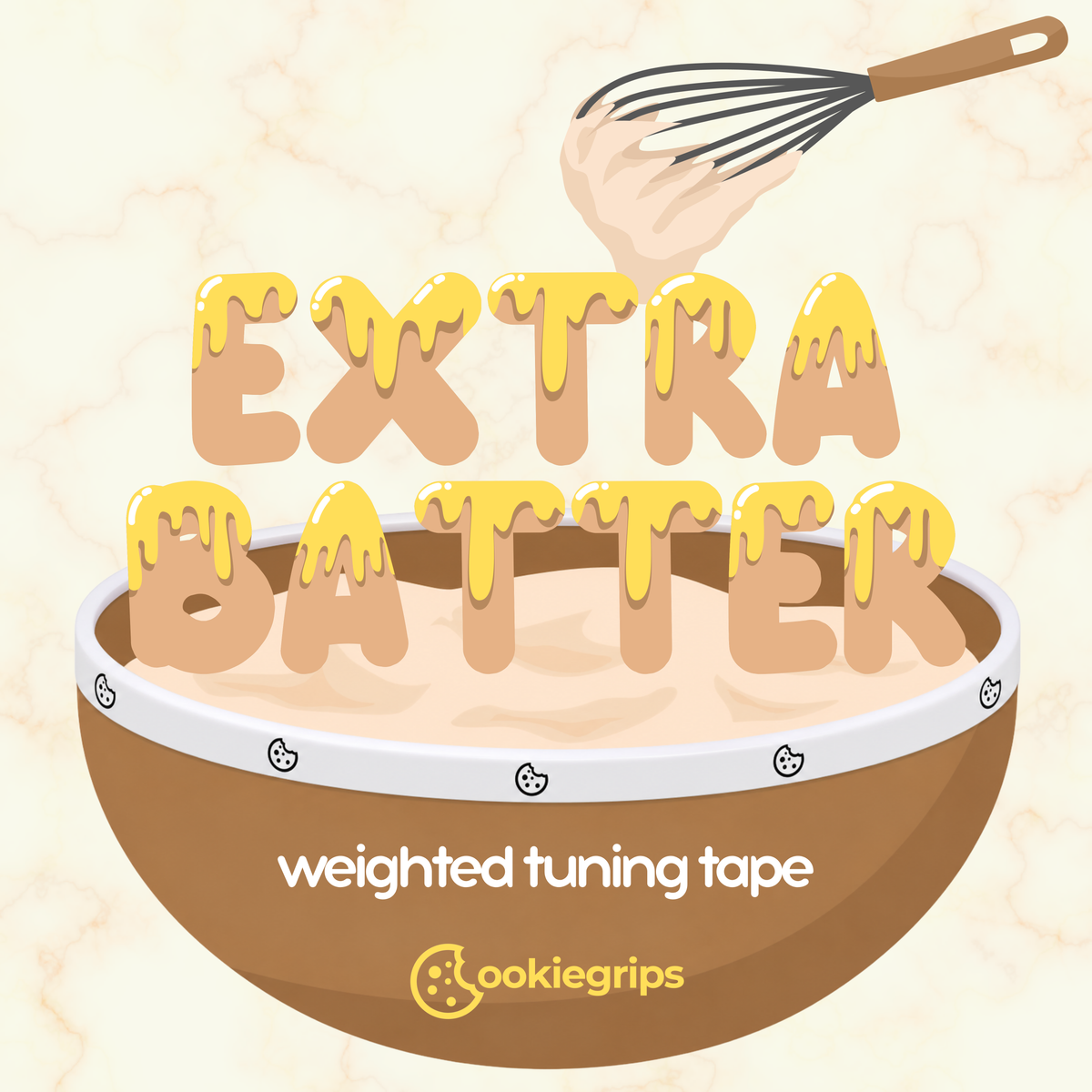 Bowl of batter with 'Extra Batter weighted tuning tape" text and a whisk, branded as 'cookiegrips'.