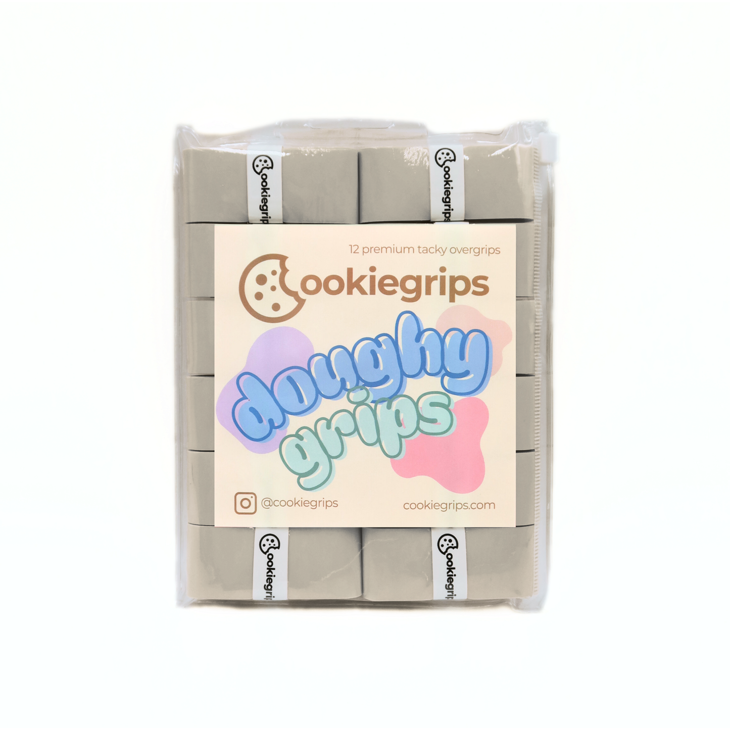 Pack of 12 cookiegrips Doughy Grips pickleball overgrips in tan, shown in bakery-themed packaging with playful pastel label.