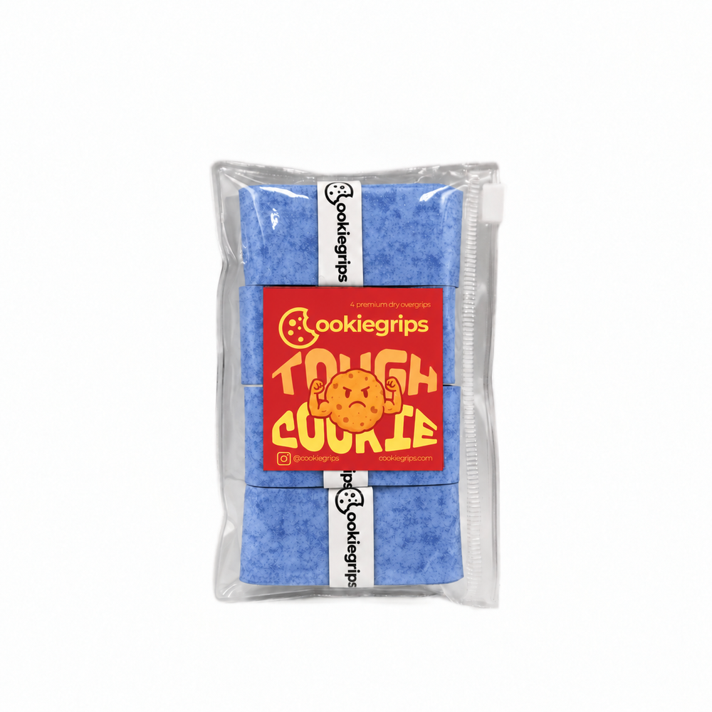 Tough Cookie Frosted Crumb Monster 4-pack of light blue speckled pickleball overgrips in a clear pouch