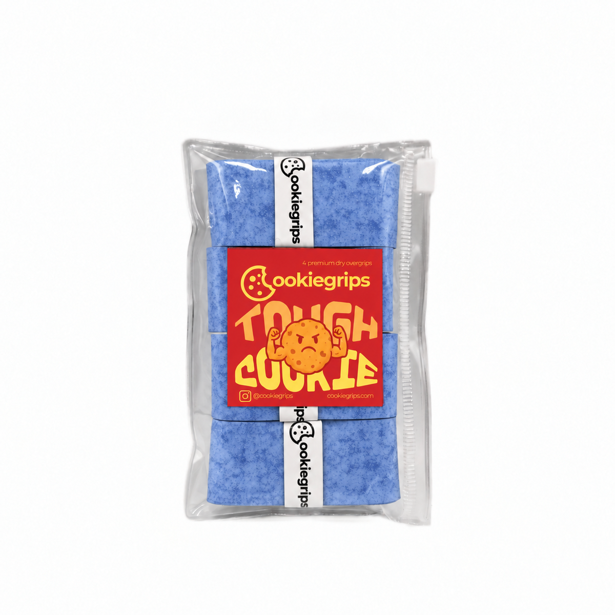 Tough Cookie Frosted Crumb Monster 4-pack of light blue speckled pickleball overgrips in a clear pouch