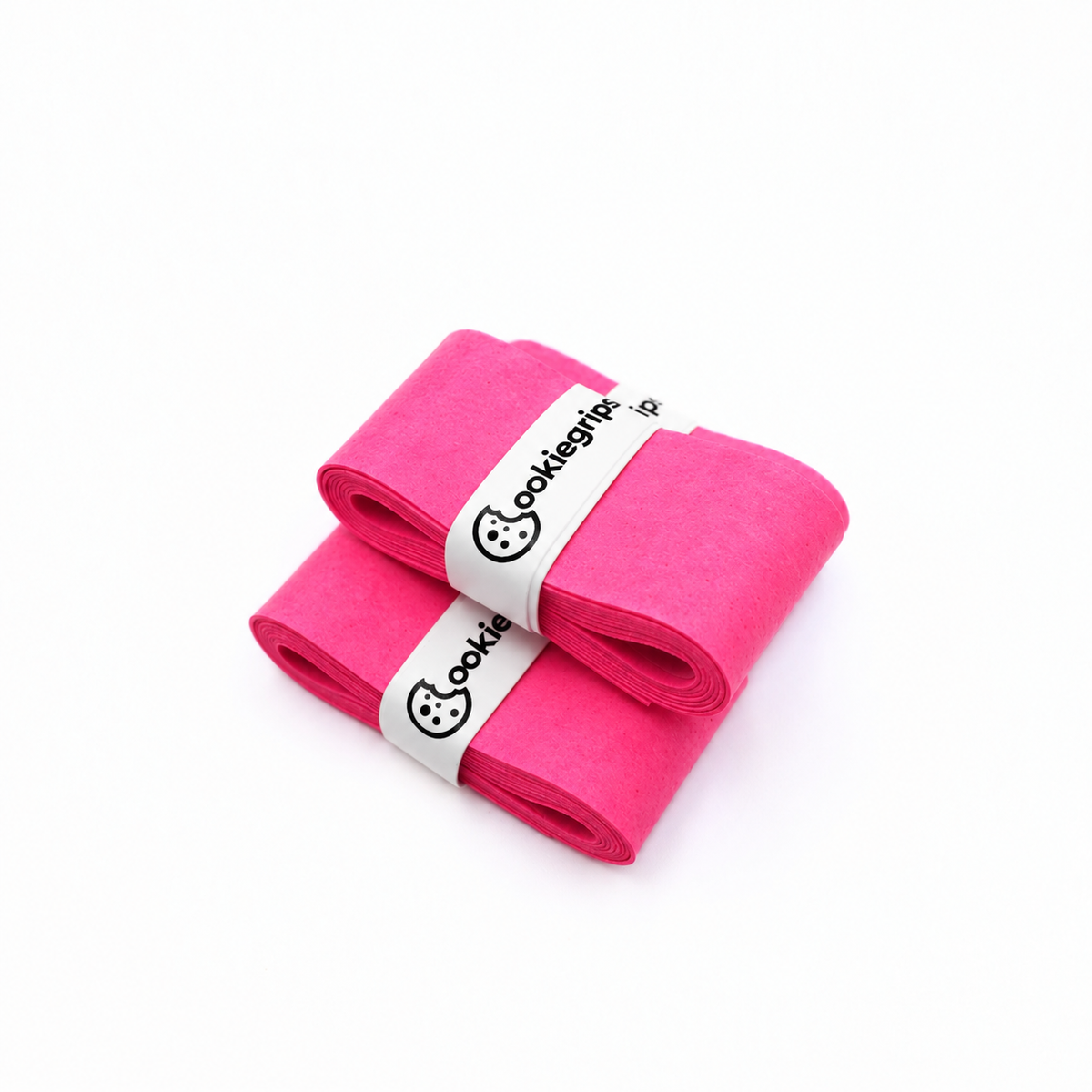 Two folded bundles of pink Tough Cookie Glowberry Crunch pickleball overgrips on white