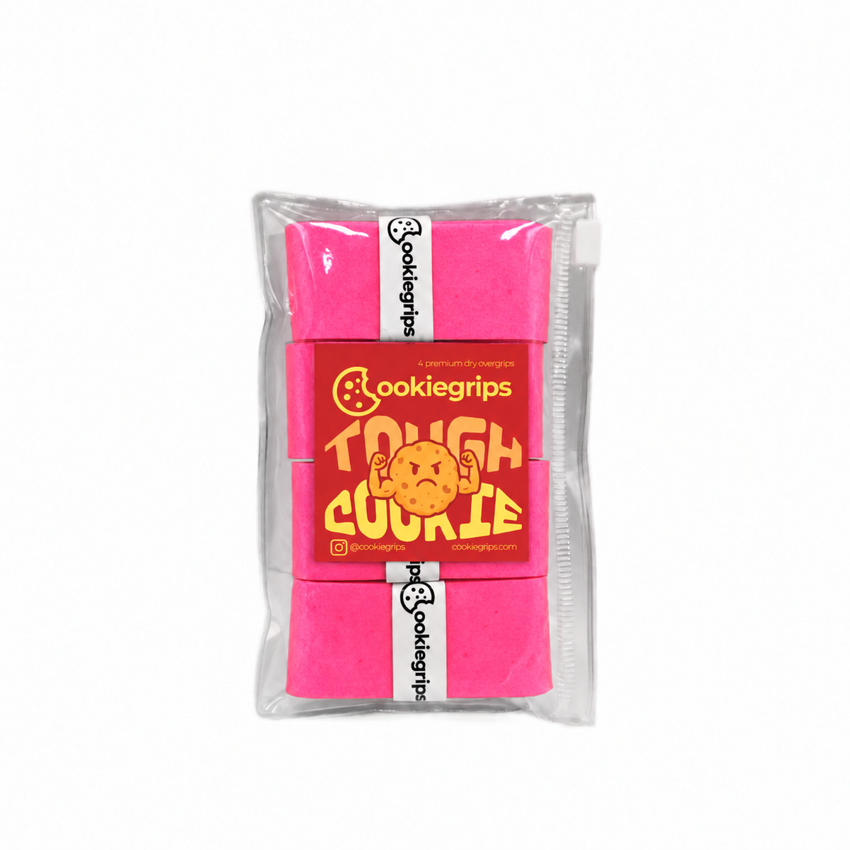 Tough Cookie Glowberry Crunch 4-pack of pink pickleball overgrips in a clear pouch