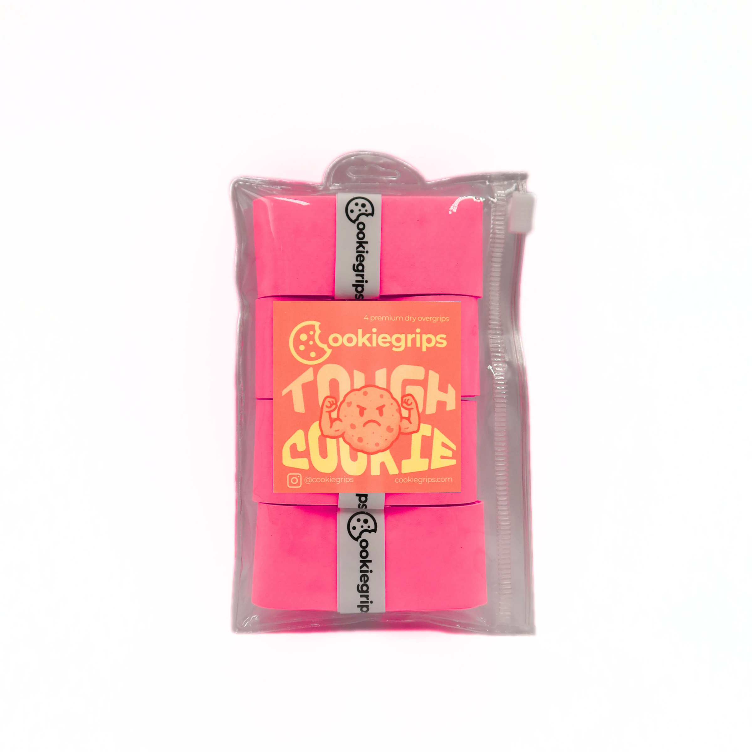 Glowberry Crunch pink cookiegrips Tough Cookie 4-pack in a clear pouch with flexing-cookie label