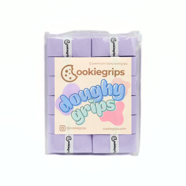 Pack of 12 cookiegrips Doughy Grips pickleball overgrips in purple, shown in bakery-themed packaging with playful pastel label.