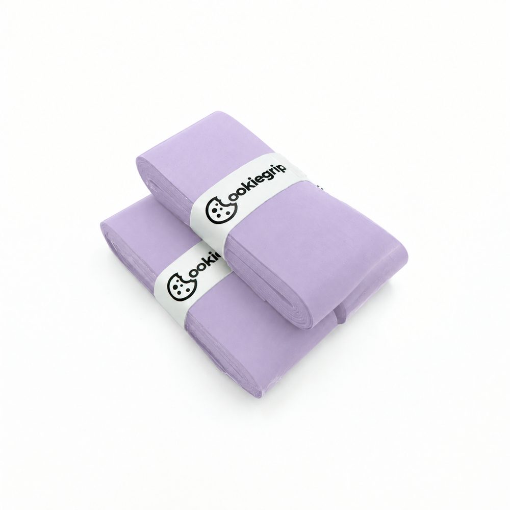 Two folded bundles of light lavender Doughy Grips Lavender Swirl pickleball overgrips on white