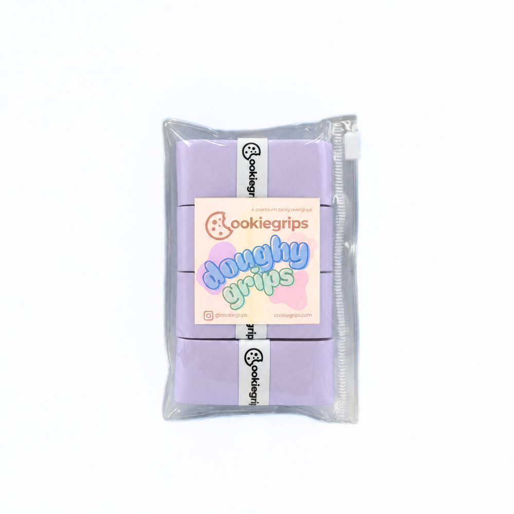 Doughy Grips Lavender Swirl 4-pack of light lavender pickleball overgrips in a clear pouch