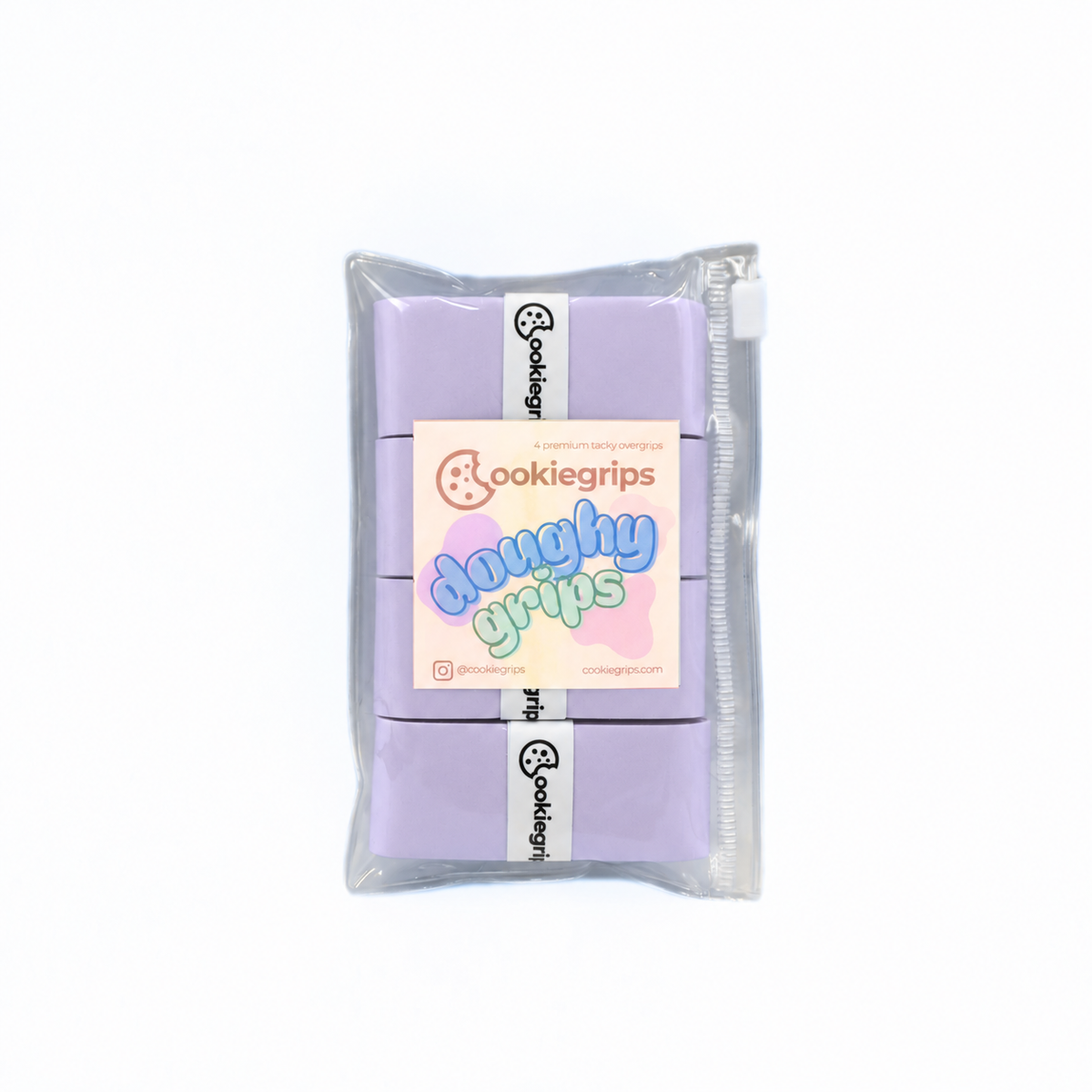 Doughy Grips Lavender Swirl 4-pack of light lavender pickleball overgrips in a clear pouch