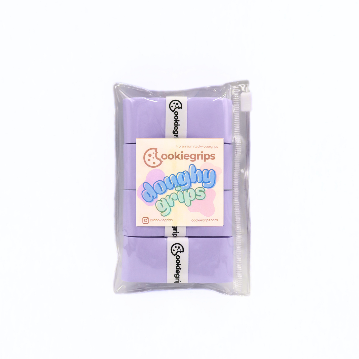 Pack of 4 cookiegrips Doughy Grips pickleball overgrips in lavender, shown in bakery-themed packaging with playful pastel label.