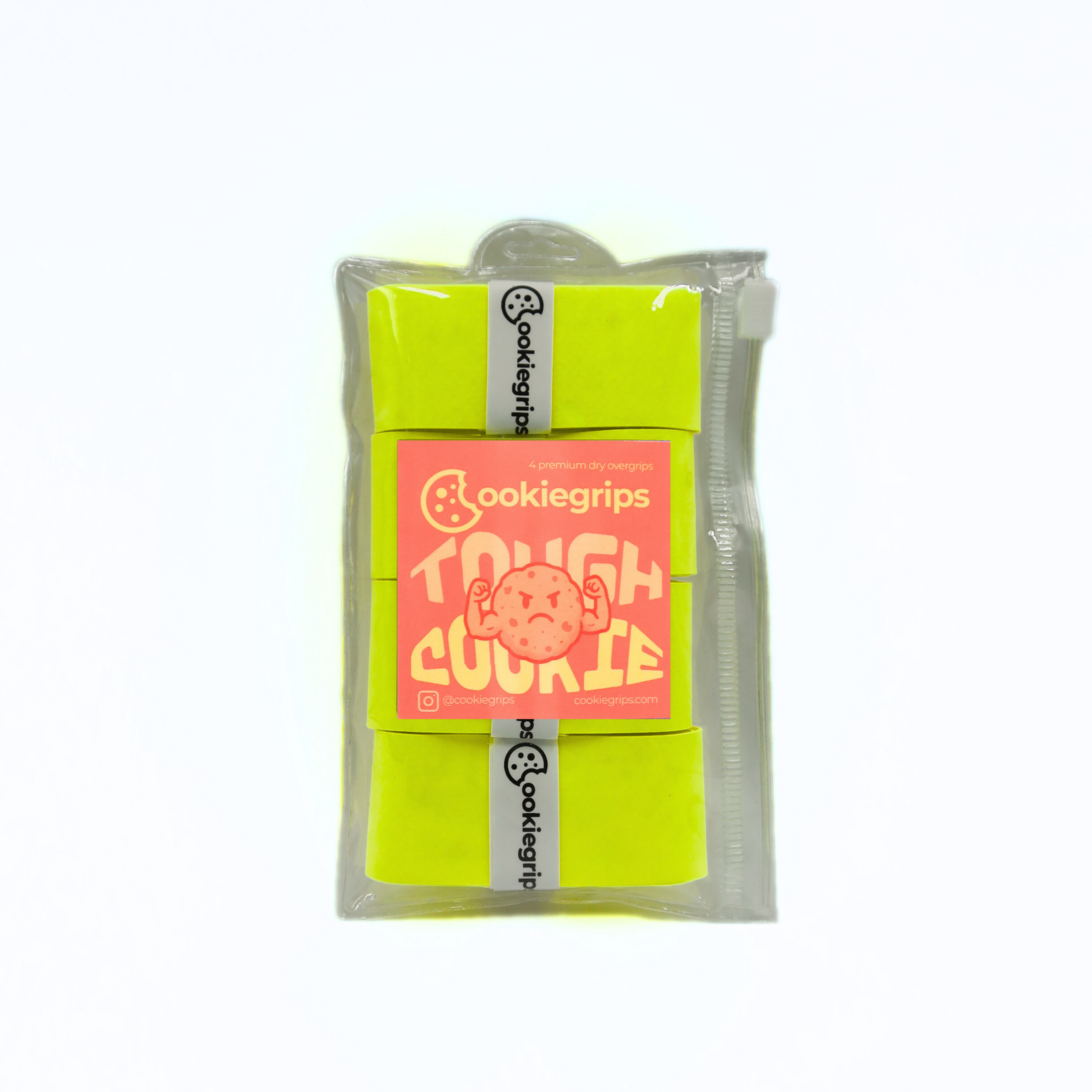 Lemon Burst yellow cookiegrips Tough Cookie 4-pack in a clear pouch with flexing-cookie label