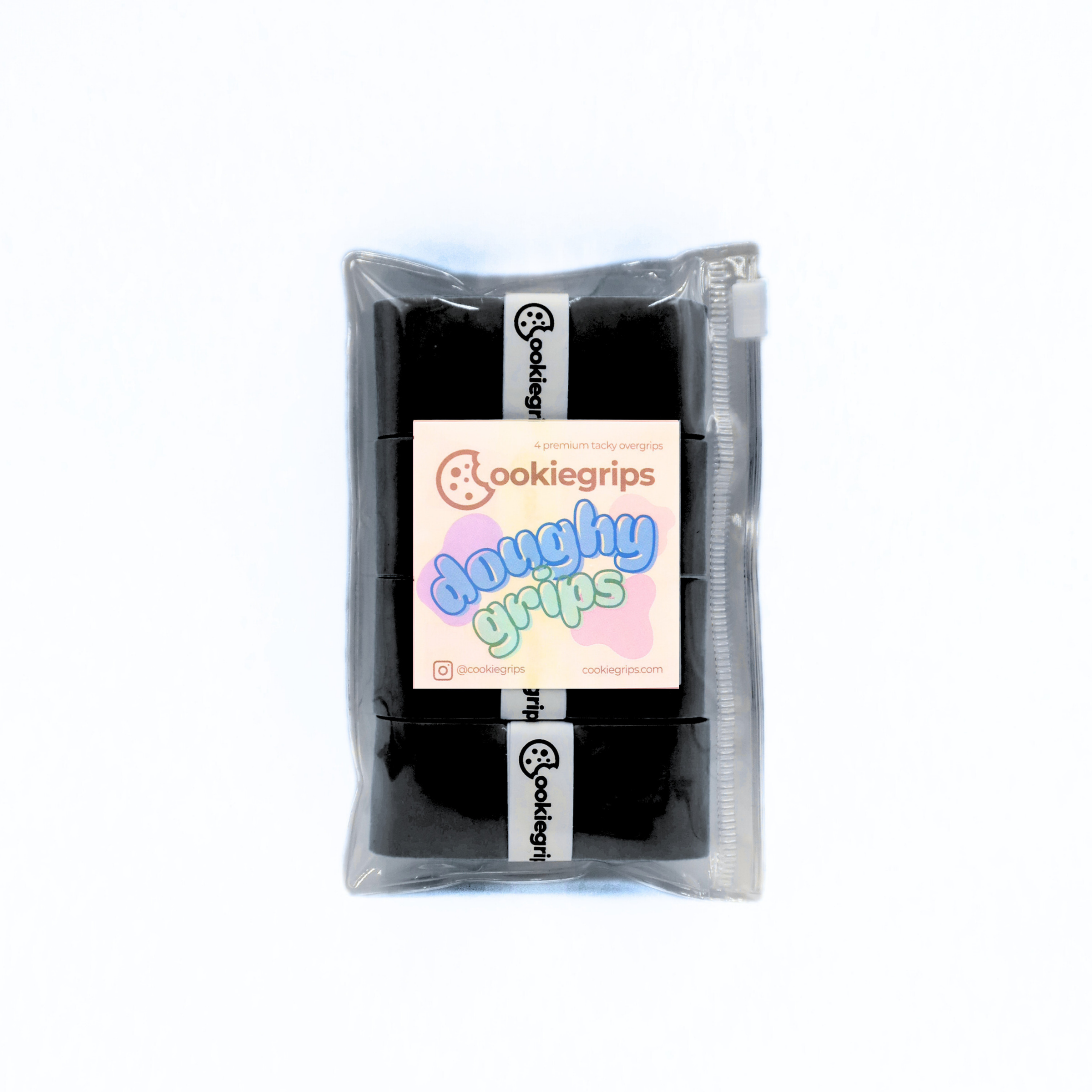 Pack of 4 cookiegrips Doughy Grips pickleball overgrips in black, shown in bakery-themed packaging with playful pastel label.