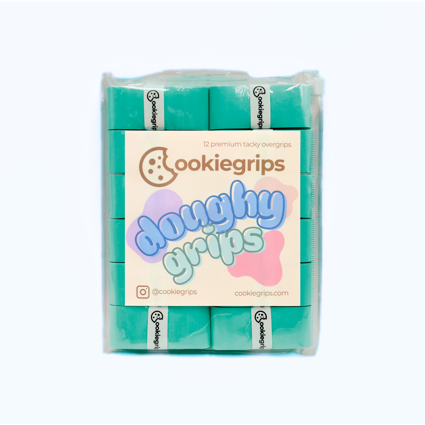 Pack of 12 cookiegrips Doughy Grips pickleball overgrips in teal, shown in bakery-themed packaging with playful pastel label.