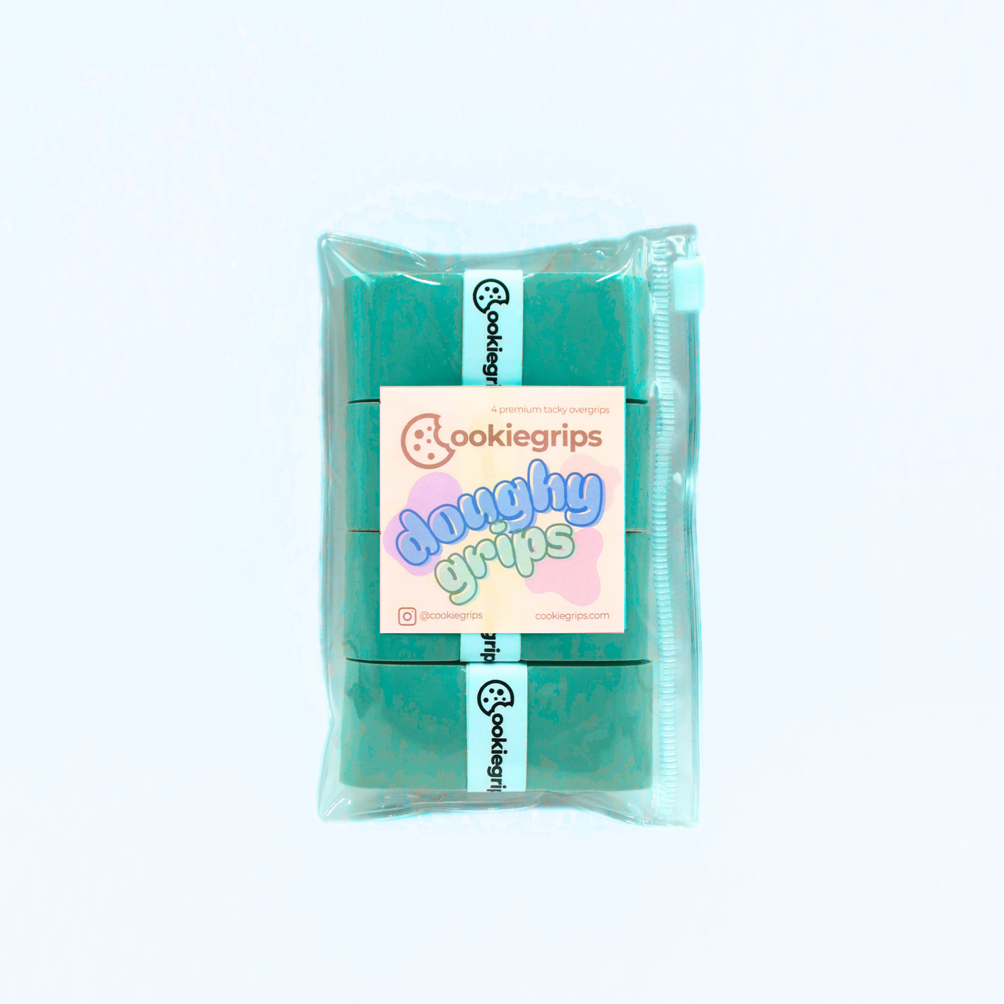 Pack of 4 cookiegrips Doughy Grips pickleball overgrips in turquoise, shown in bakery-themed packaging with playful pastel label.