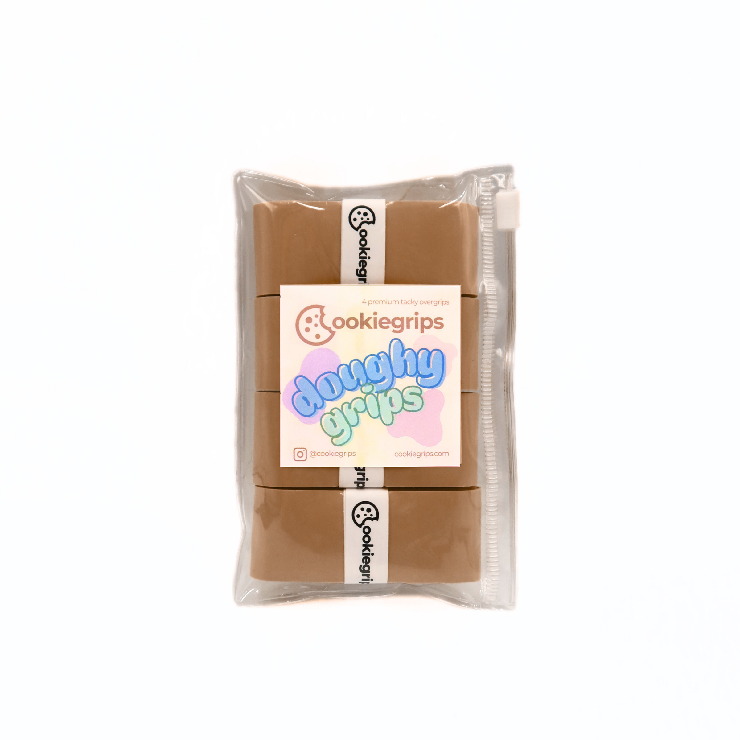 Pack of 4 cookiegrips Doughy Grips pickleball overgrips in brown, shown in bakery-themed packaging with playful pastel label.