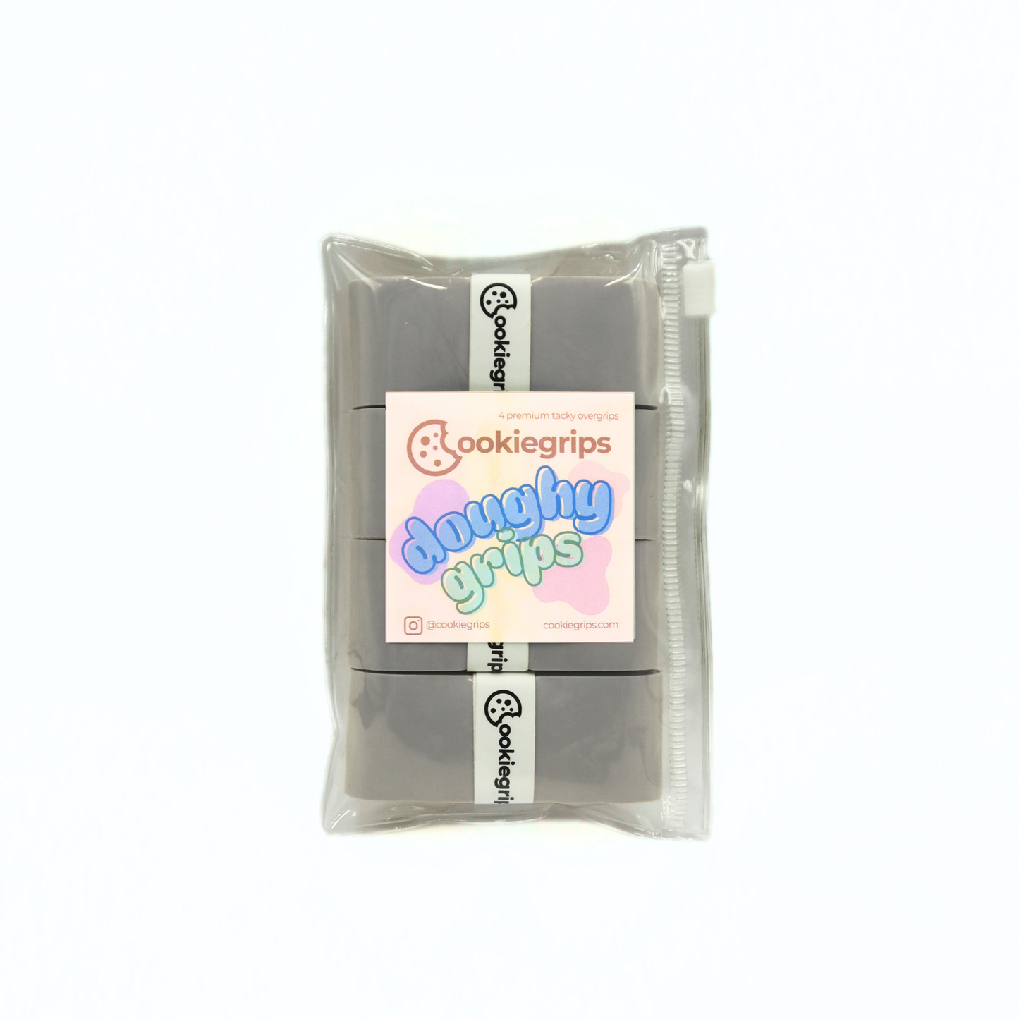Pack of 4 cookiegrips Doughy Grips pickleball overgrips in gray, shown in bakery-themed packaging with playful pastel label.