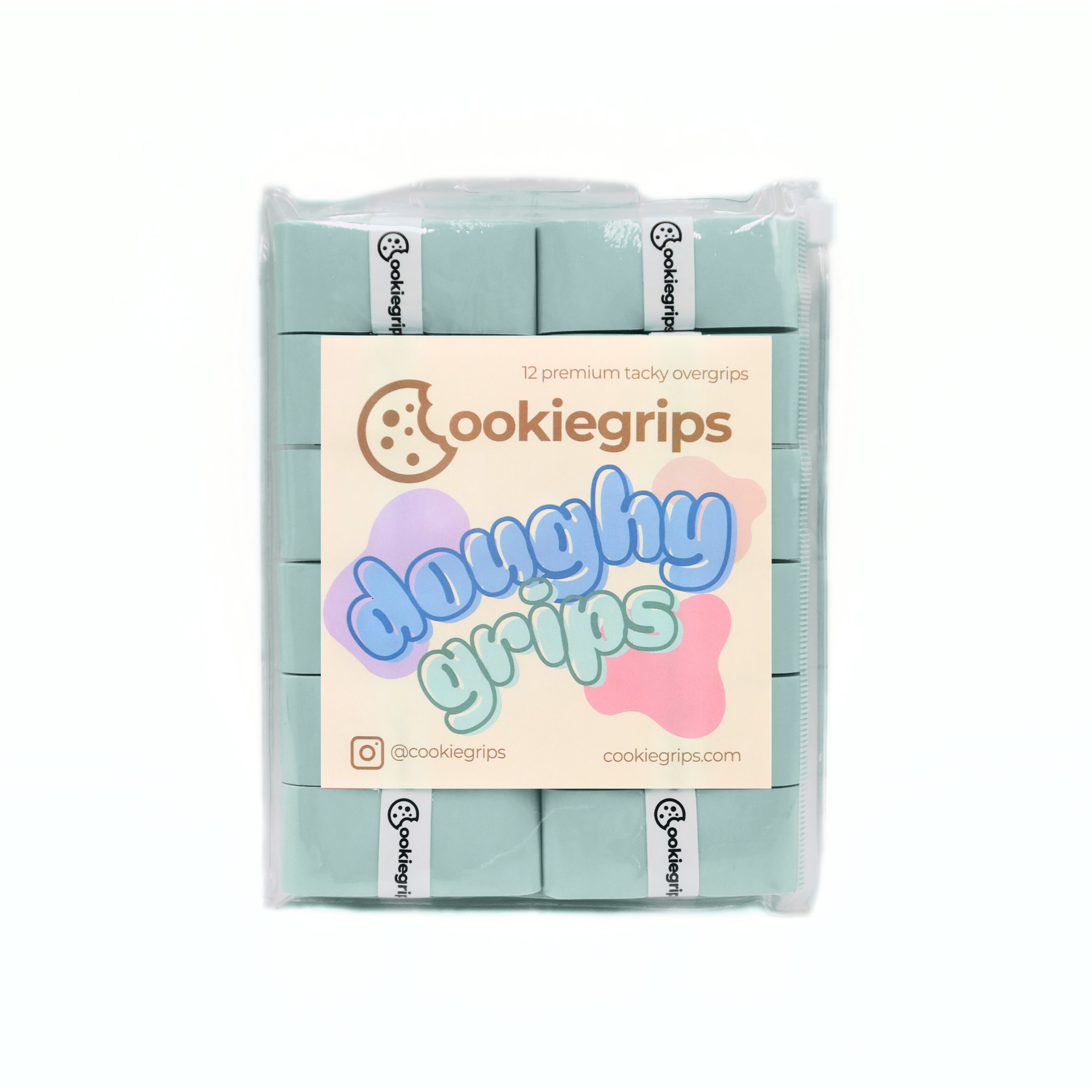 12-pack of Sky Macaron cookiegrips Doughy Grips in light teal bakery-style packaging