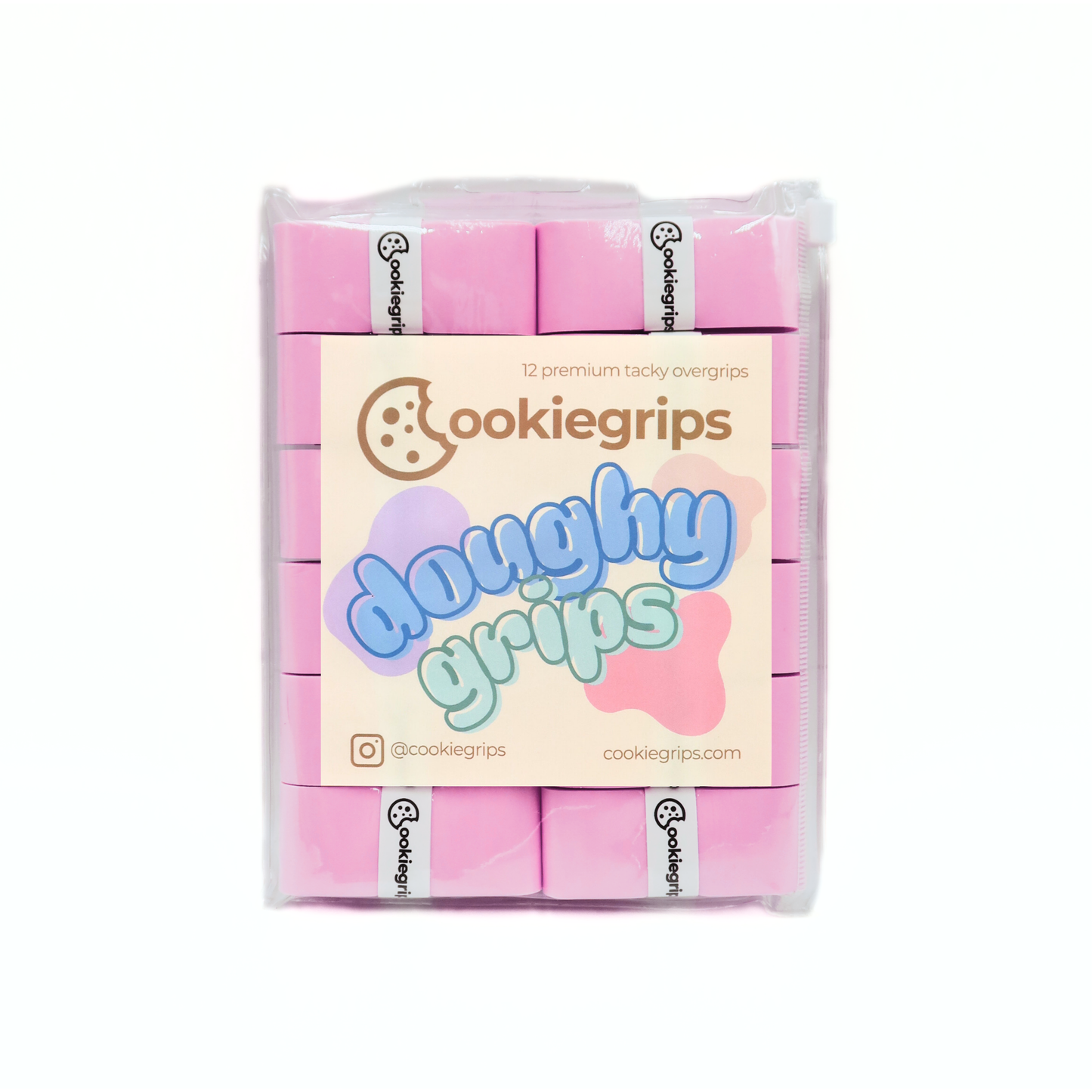 Pack of 12 cookiegrips Doughy Grips pickleball overgrips in pink, shown in bakery-themed packaging with playful pastel label.