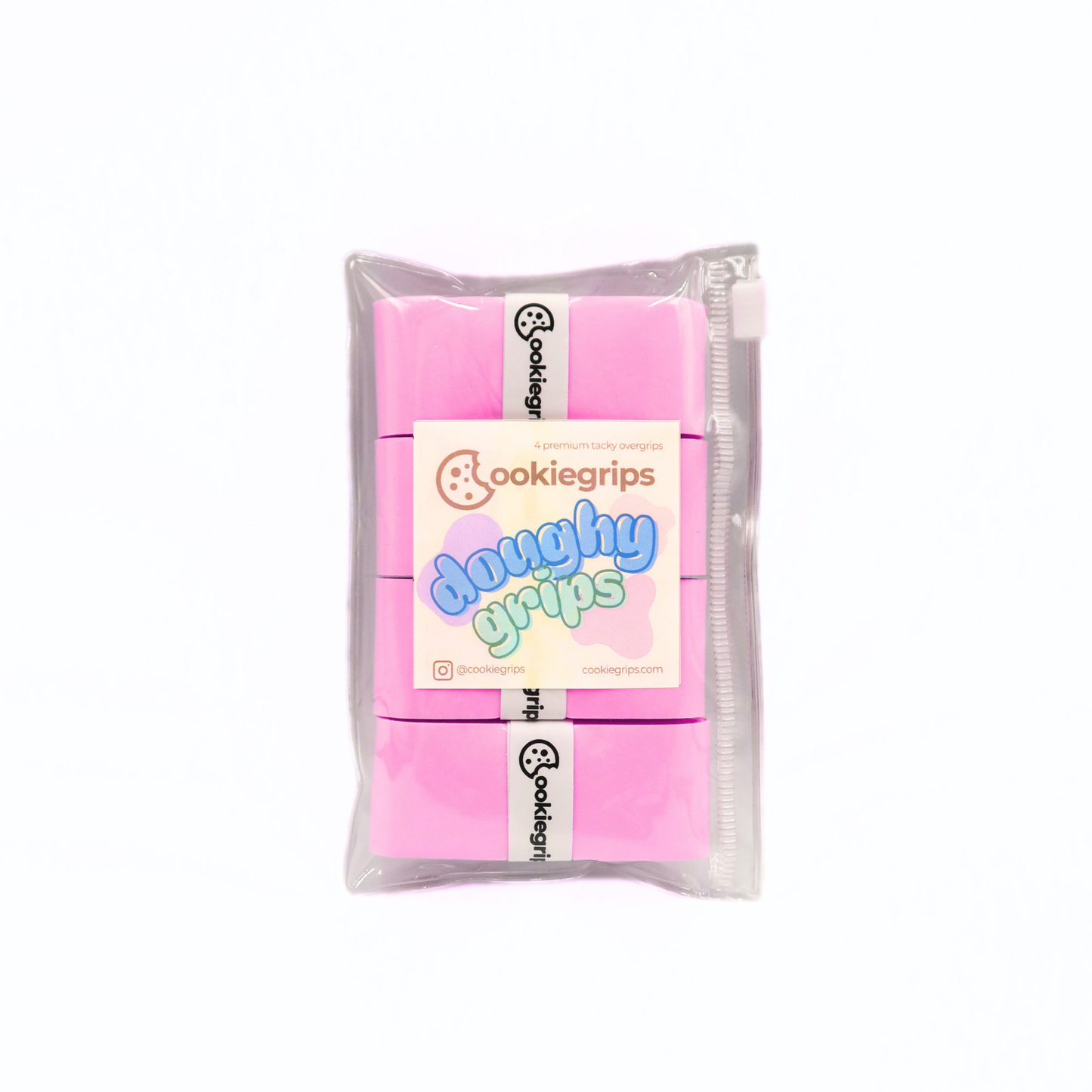 Pack of 4 cookiegrips Doughy Grips pickleball overgrips in pink, shown in bakery-themed packaging with playful pastel label.