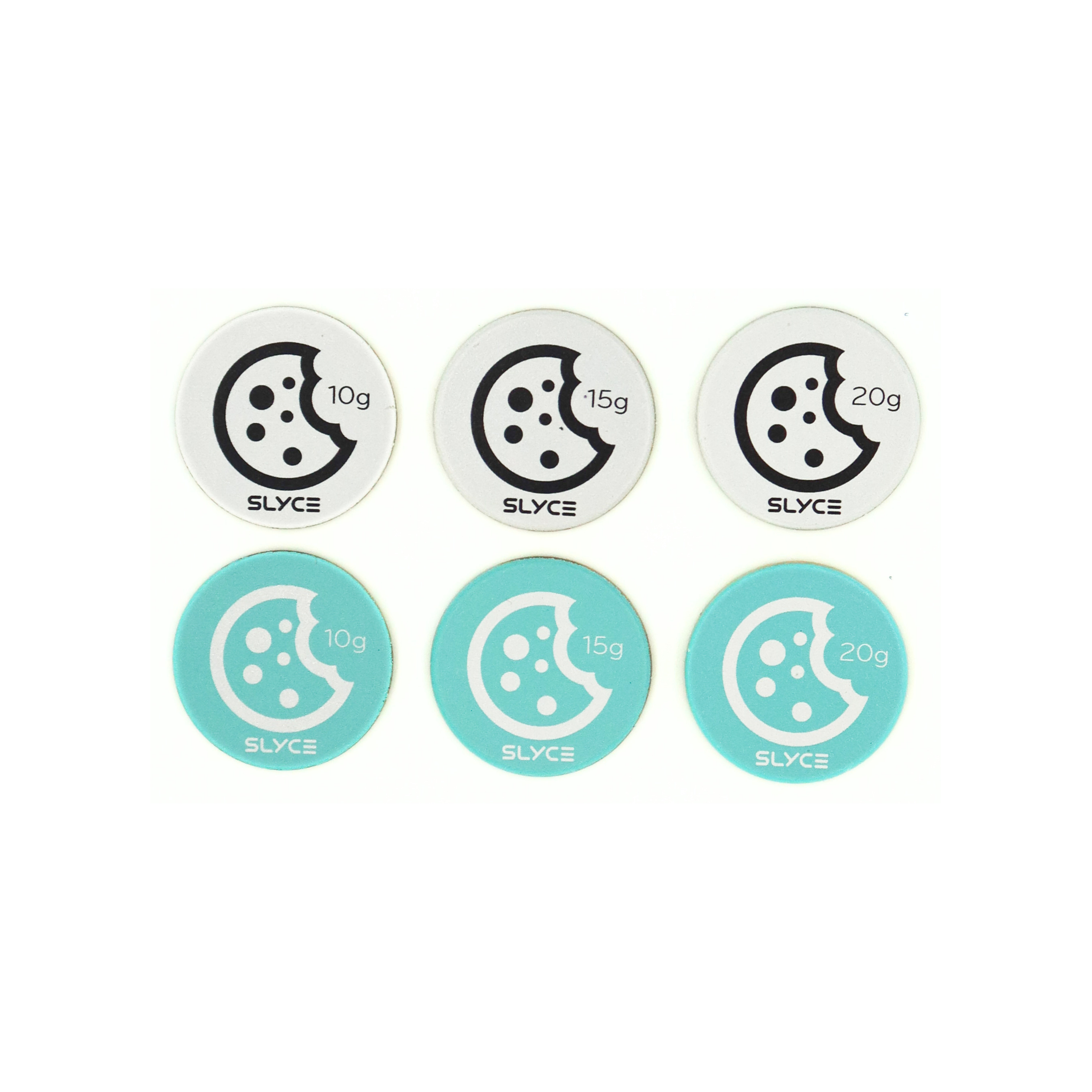 Six cookiegrips x SLYCE SPEEDCOIN paddle end cap weights in Sugar Glaze white and Sky Macaron light teal, 10g, 15g and 20g