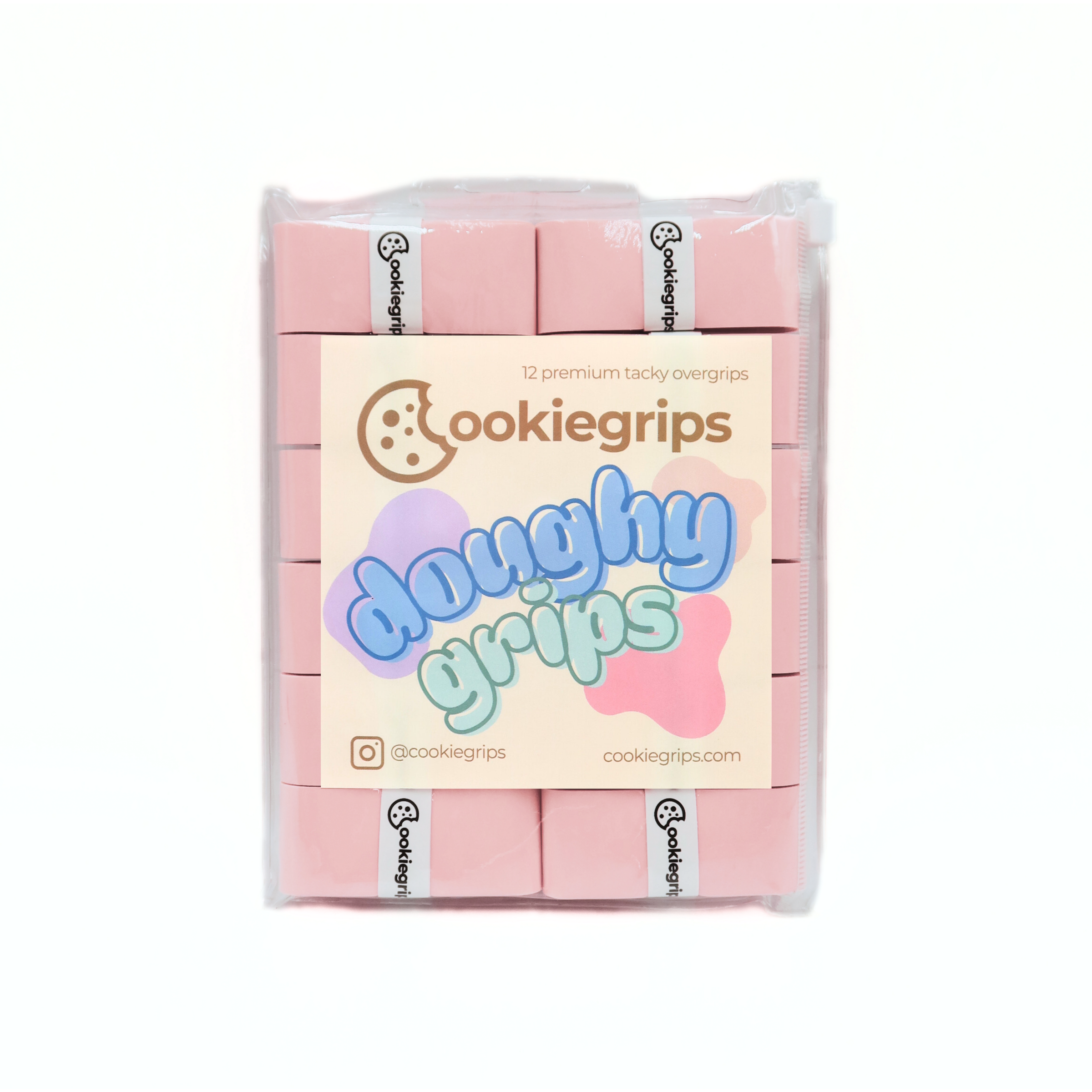 12-pack of Strawberry Shortcake cookiegrips Doughy Grips in light pink bakery-style packaging