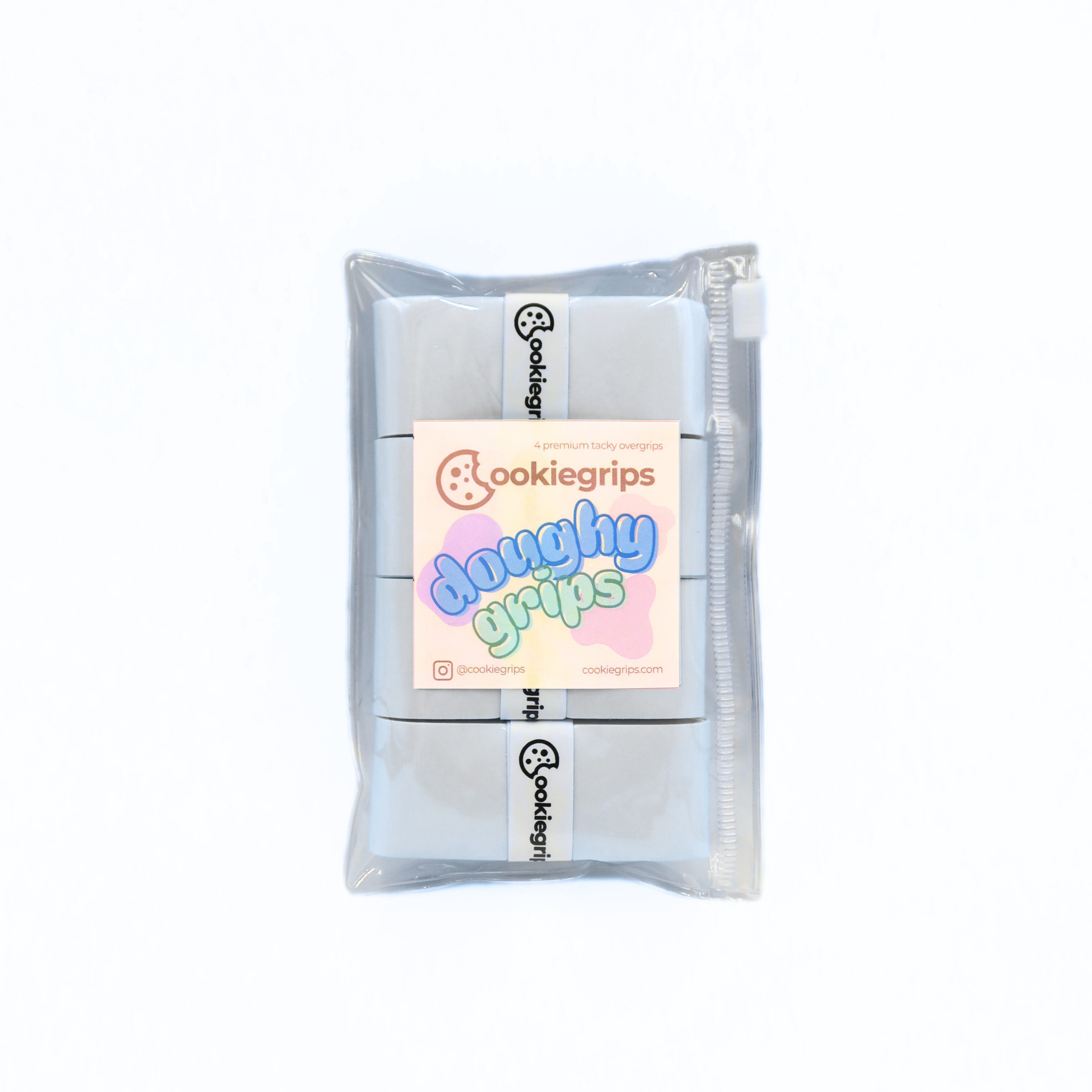 Pack of 4 cookiegrips Doughy Grips pickleball overgrips in white, shown in bakery-themed packaging with playful pastel label.