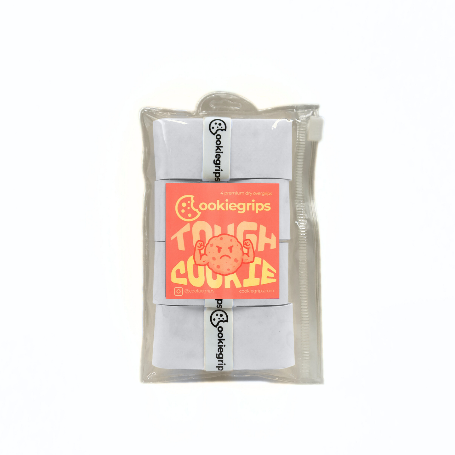Cookiegrips Tough Cookie overgrip 4-pack in white, packaged in a clear zip pouch with peach label featuring a flexing cookie mascot.