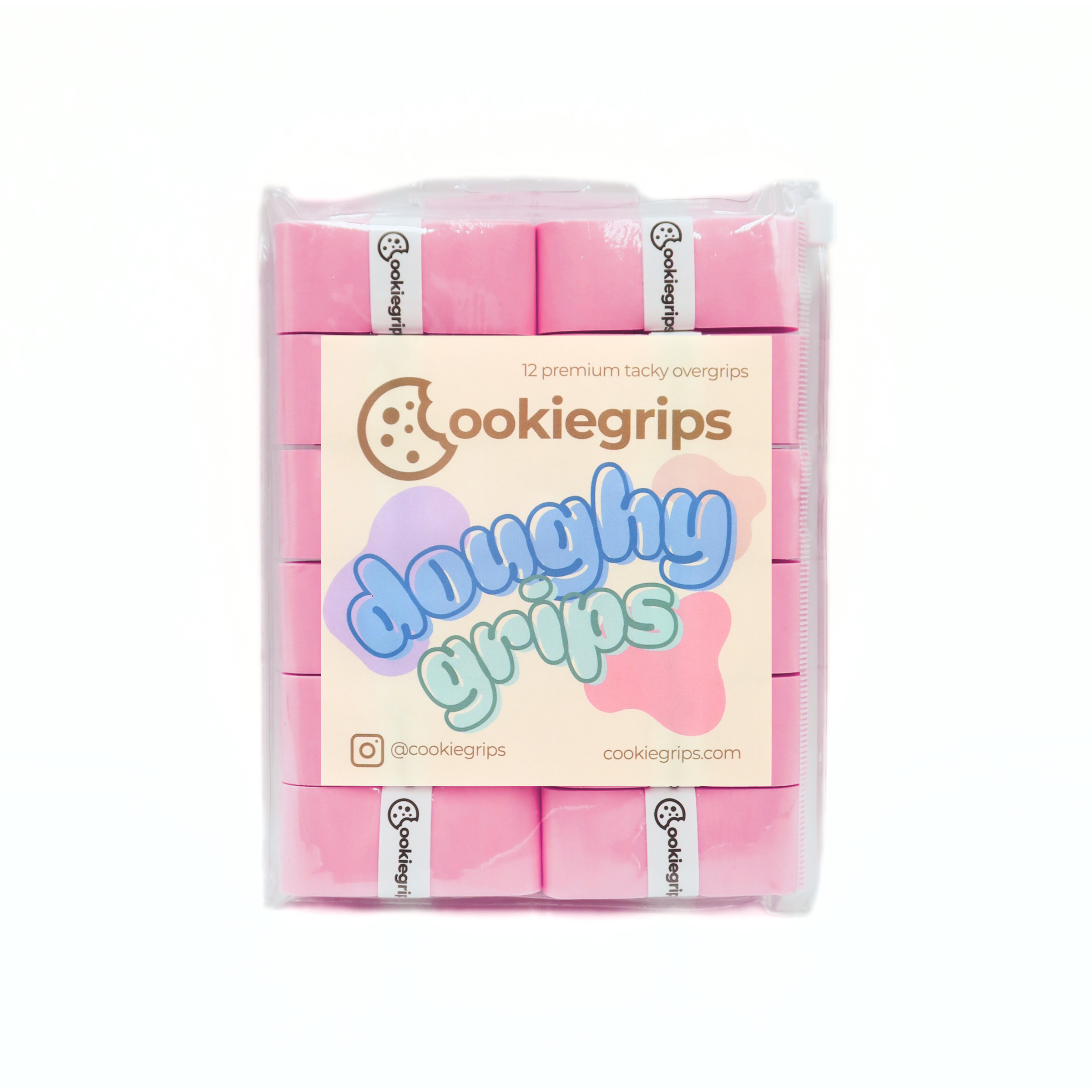 Pack of 12 cookiegrips Doughy Grips pickleball overgrips in pink, shown in bakery-themed packaging with playful pastel label.